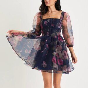 NWT LULUS Lovely Idea Navy Blue Floral 3-Quarter Sleeve Skater Dress | Size L